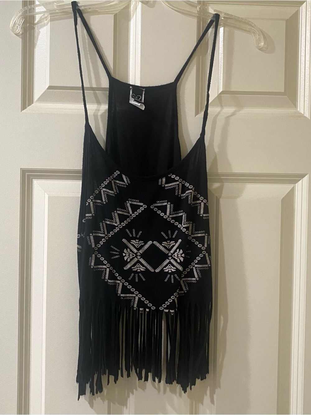 Windsor Black Knit Tank with White Detailed Pattern, Thin Straps and Fringe
